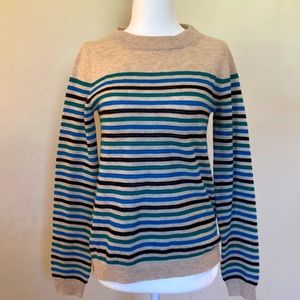 Hoss blue green black on tan striped wool sweater w/ elbow patches Size XC